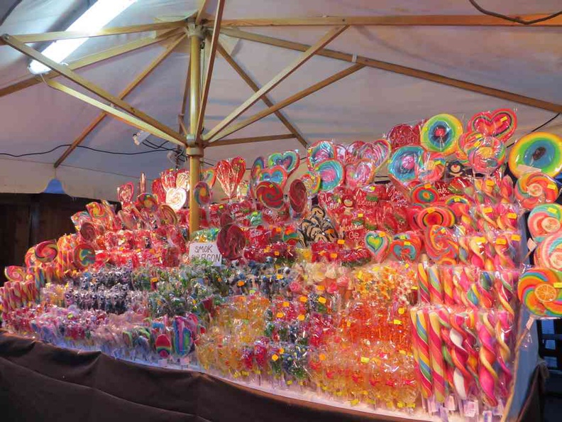 Many eye-catching market stores like the Candies on sale here in the market square