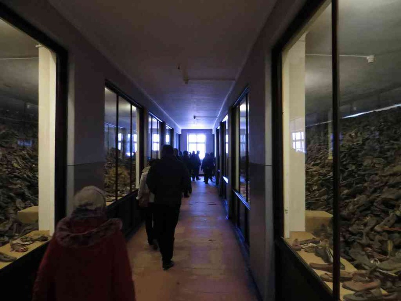 Museum with walkways displaying prisoner clothing and belongings