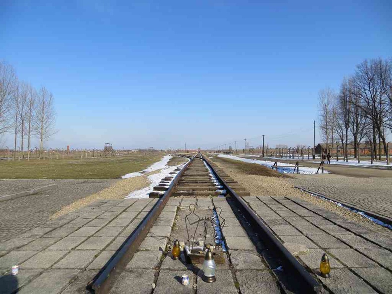 The railway tracks into the concentration camp, where prisoners arrive in boxcart carriages