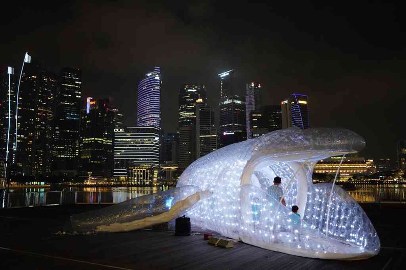 i-Lights Marina Bay 2022 Plastic whale in front of the Marina Bay Sands