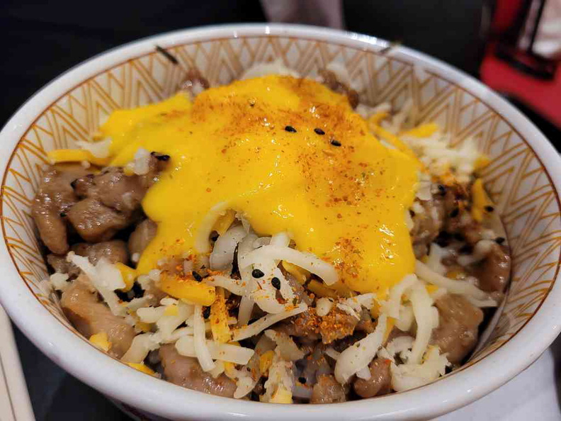 Melted Cheese Gyudon, served with Tabasco L size $9.50