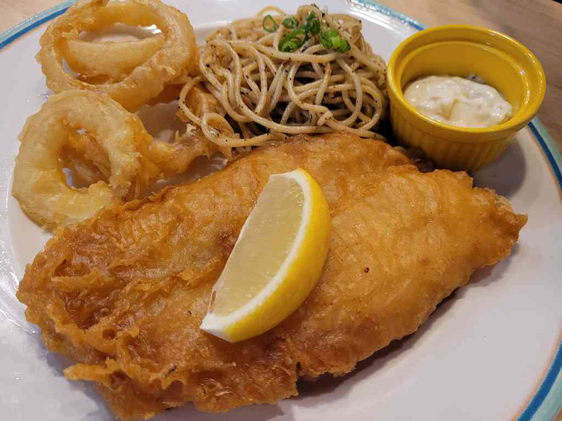 Old English Fish and chips ($11.50) with squid rings and spaghetti sides