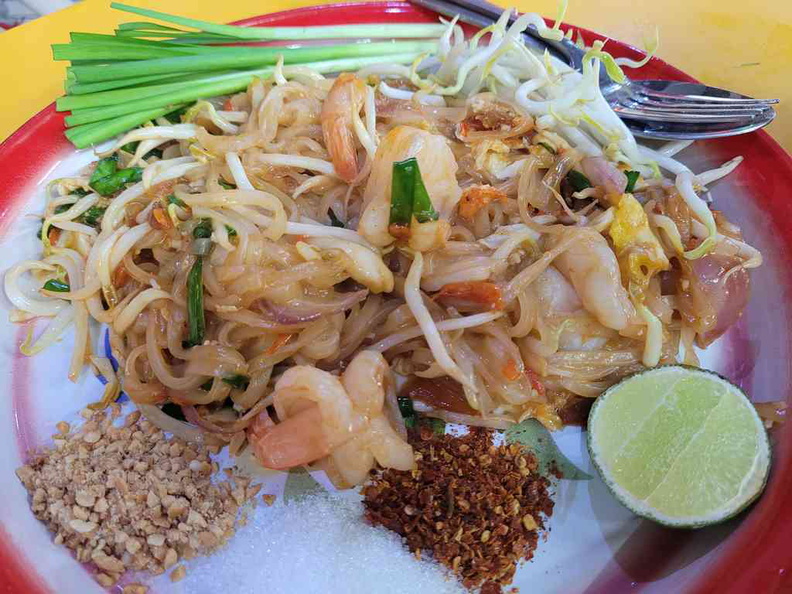  Golden Mile complex Flying Pig's Phad Thai ($8.90) is a Thai staple done right , complete with the extras and large prawns to boot