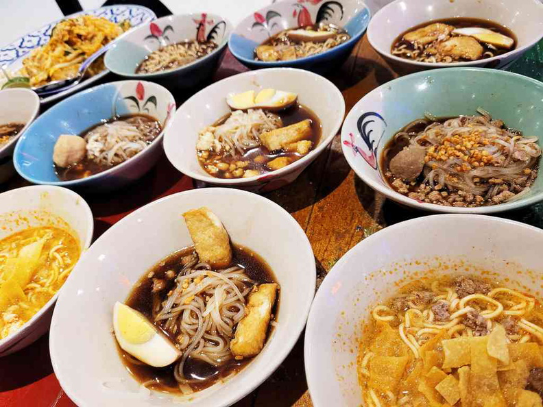 A bowl spread of different combinations of noodles and soup bases