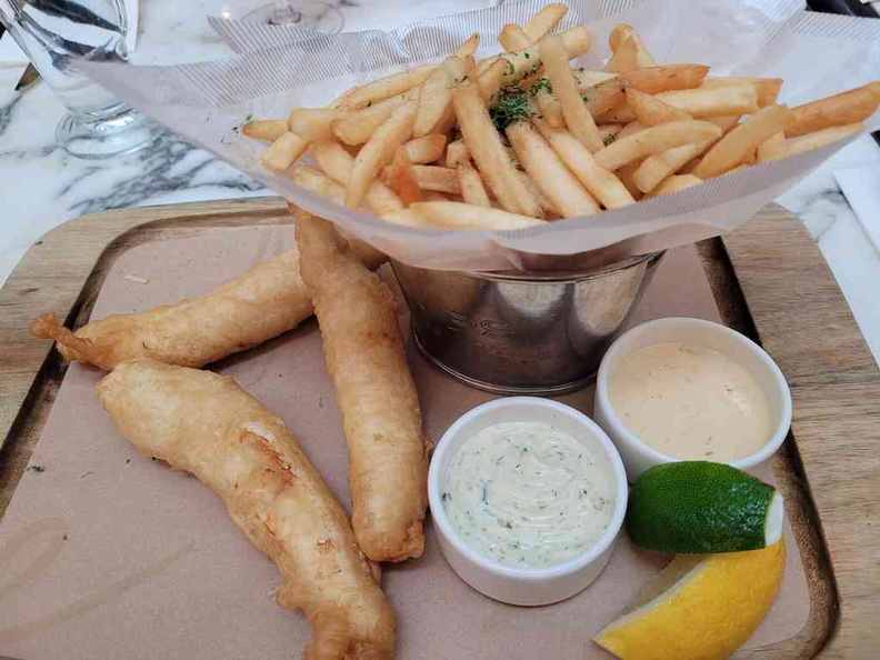 Less impressive Tiger beer-battered Snapper fish and chips ($32)