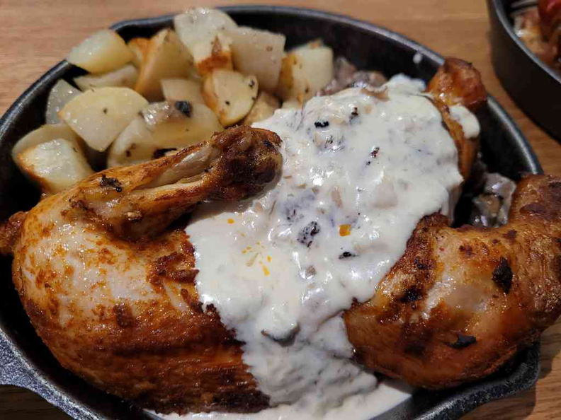 Roast chicken with potatoes is a good staple choice for sides, and their mushrooms too