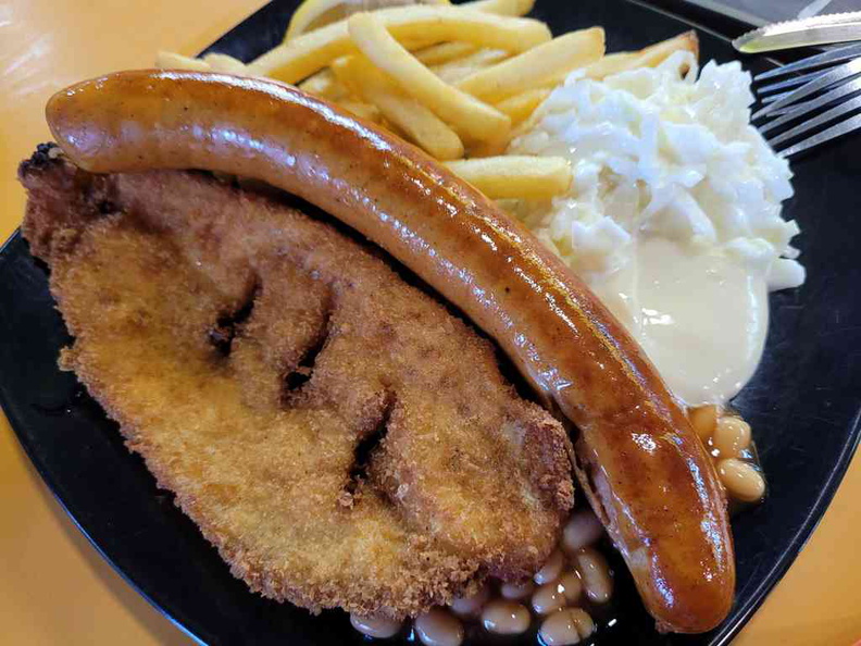 Fish and Chips with tar tar sauce and sausage add-on ($9)