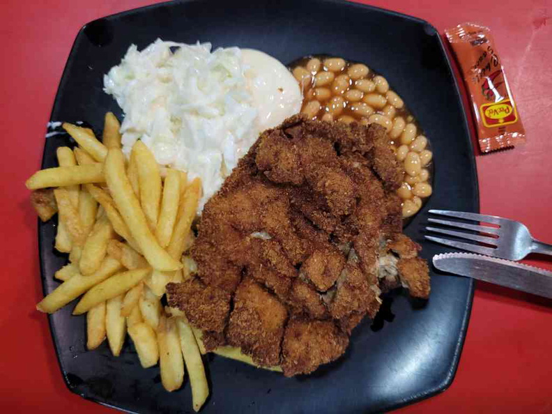 Fried chicken cutlet with straight fries, colesaw and baked beans ($7)