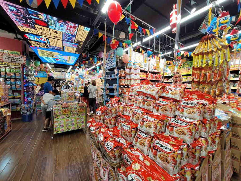 A staple section of snacks and condiments at Don Don Donki Punggol Waterway, a crowd favorite