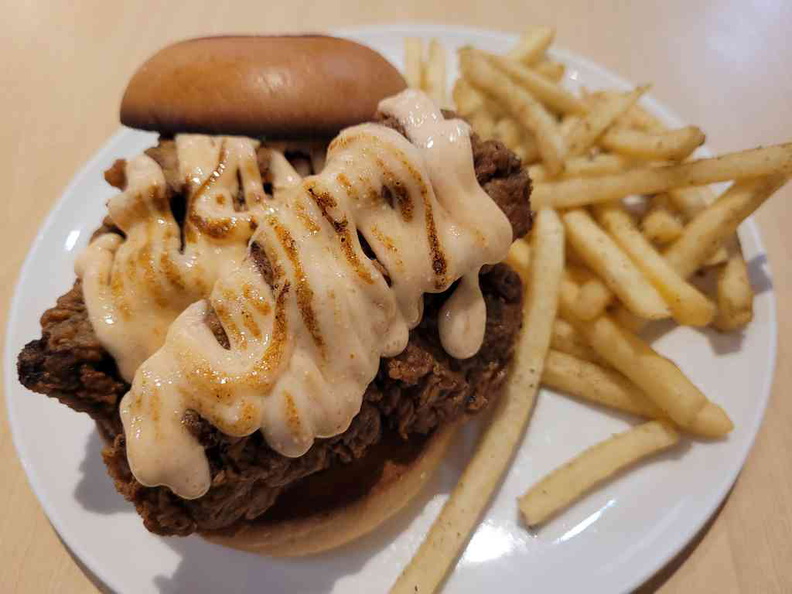 Mentaiko Chicken burger ($17) with signature fried chicken with Mentaiko mayo packed between Brioche buns and served with fries