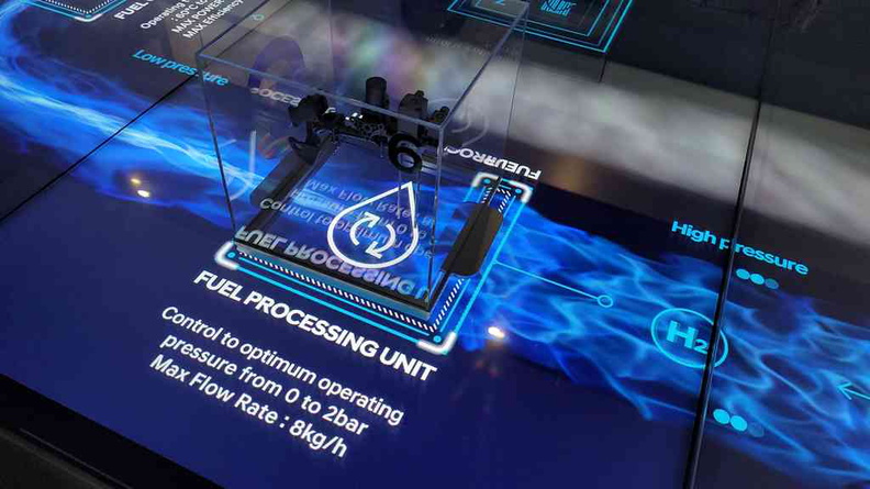 Hyundai Motorstudio animated displays showing the various engineering components of a hydrogen fuel cell car propulsion system