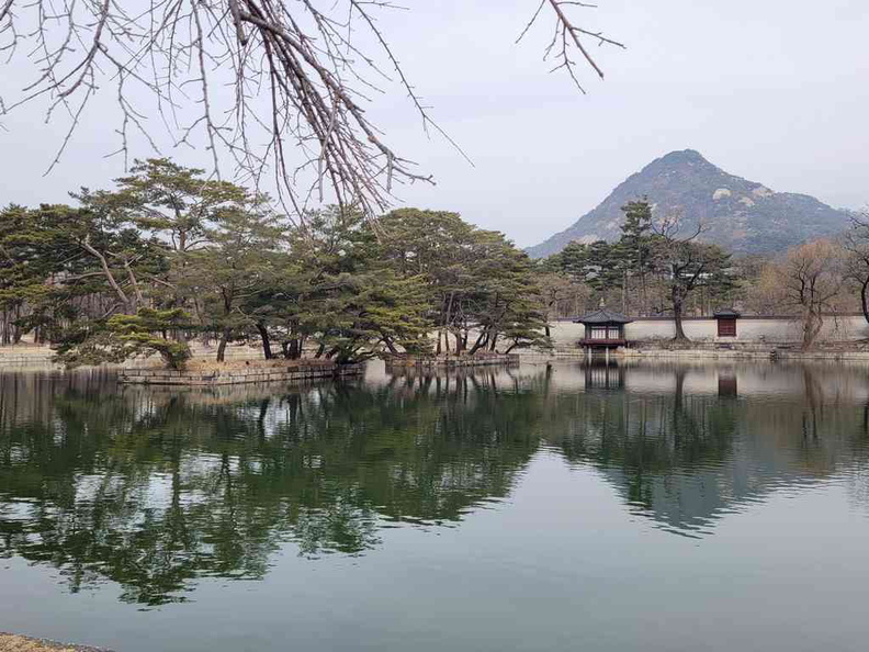 Reflecting lake with Bugaksan Mountain in the background.