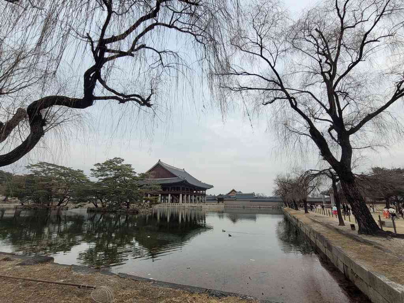 Pond with ducks and Gyeonghoeru in the distance.