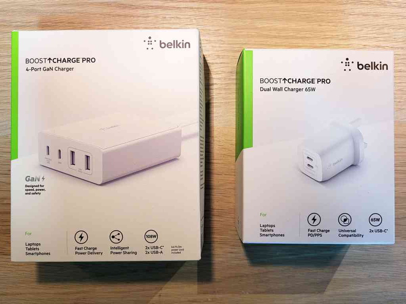 The exterior packaging of Belkin GaN BoostCharge two GaN chargers, the 65W two port and 108W four port