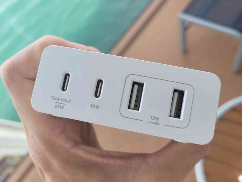 The first two USB-C charger ports are PPS ports 96W shared, while the other USB Type-A area regular fast charge ports up to 12W