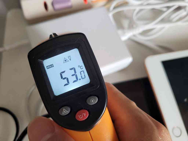 The 108W charger runs at a toasty 53 Degrees C, the hottest reading in our tests when fully loaded drawing 116.5W from the wall