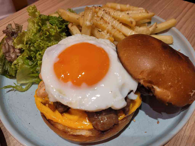 Tamago-en  Steak burger ($17.50) with a large obligatory egg topping