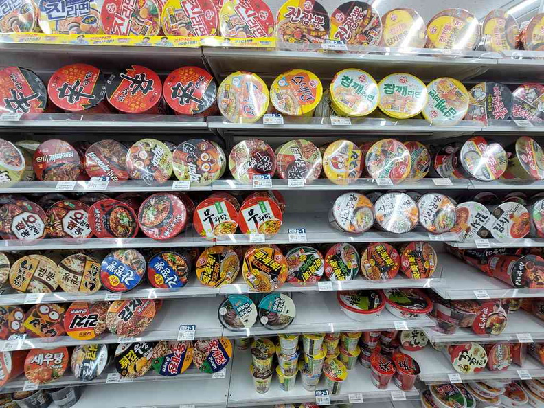 Wall of ramen selections in convenience stores