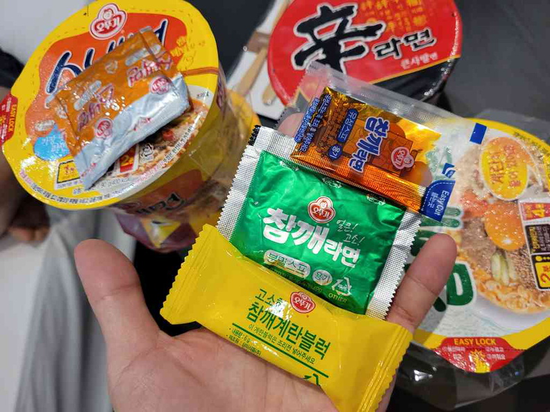 Ramen selections with an impressive set of condiments typically found on more expensive bowls