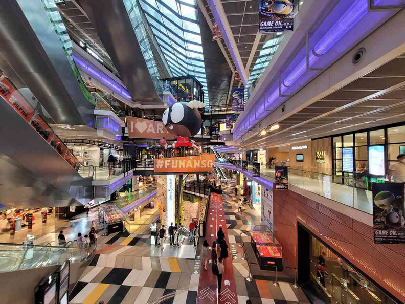 Funan mall decorated with Edgar Plans Game On Livery from the ceiling