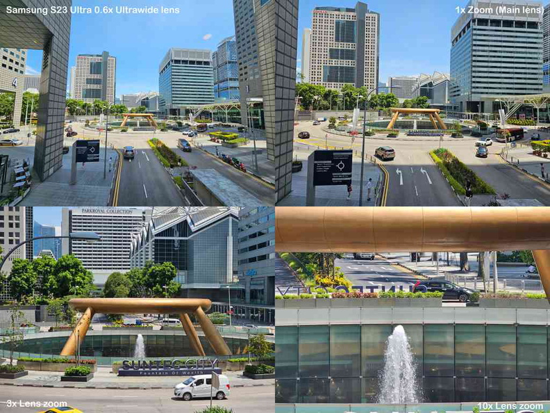 Samsung S23 Ultra review Difference between the 0.6 and 10x periscope zoom levels on a bright day at Suntec City