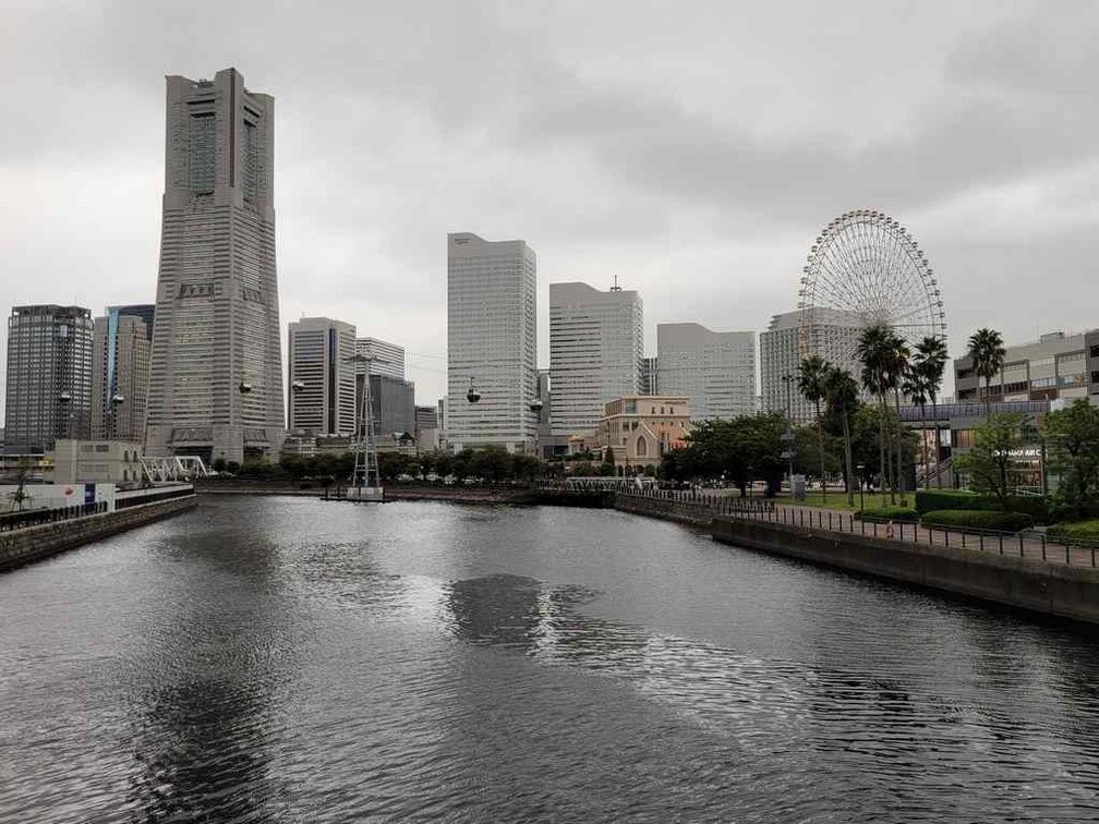 Nice scenic view of Yokohama skyline and Shinko Island Bayside river.