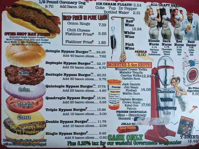 Heart attack grill Fremont menu, also note they serve alcohol, beer and cig...