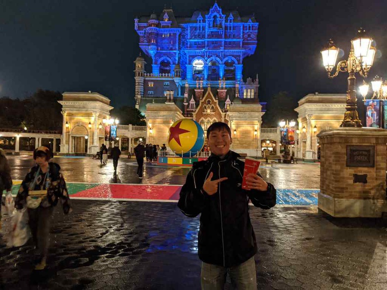 The American waterfront main square with the giant toy story ball and Tower of Terror is distance