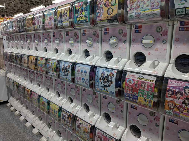 Walls of Japanese capsule machines are mainstay here in Akihabara Tokyo. Called Gachapons, it is named after the noise which the capsule machine makes when you spin out your capsules