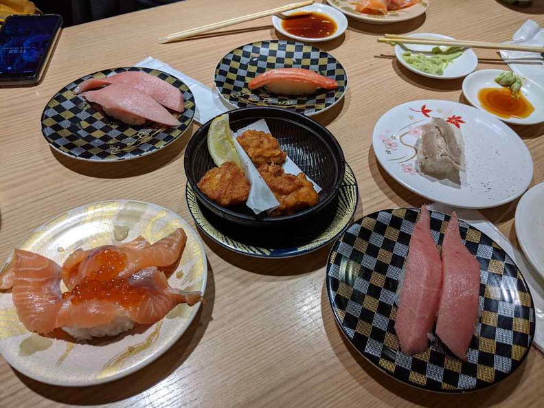 The sushi spread. Each plate is priced differently based on plate colour. Black ones are the most premium but are also the most highly recommended ones