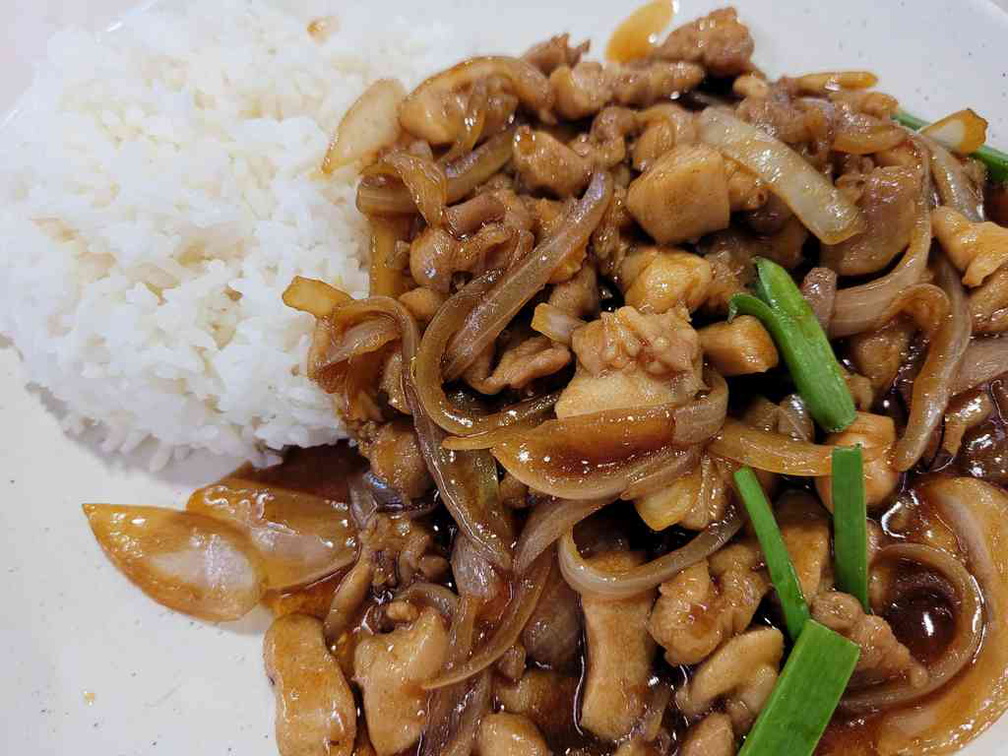 Stir fried chicken with onions and rice.
