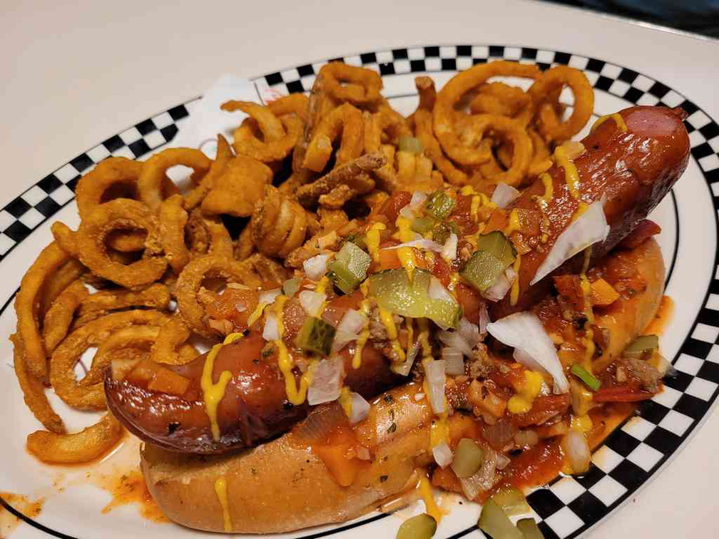Chilli dogs $11.90, a rather hearty hot dog heavy enough as a meal. 