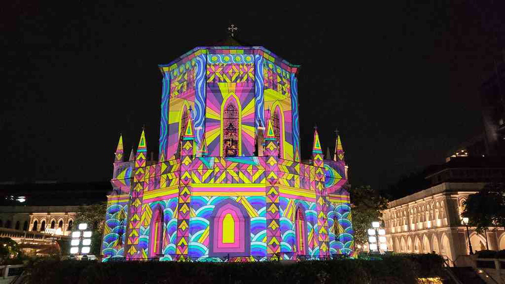 Chijmes projection which loops every 15 minutes on the main cathedral building