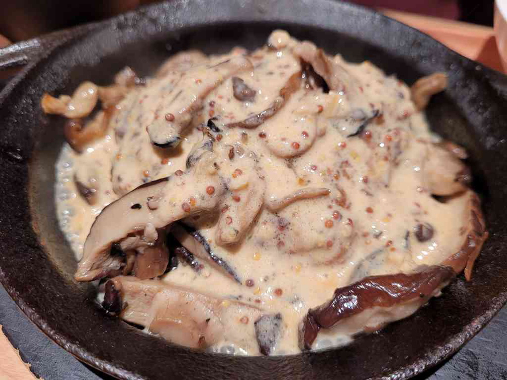 Kinoko (mushroom) Hamburg Steak Teishoku with sautéed mushrooms and Mustard Sauce ($17.80).