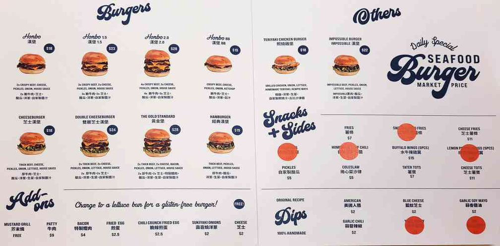 Honbo Burgers menu and pricing