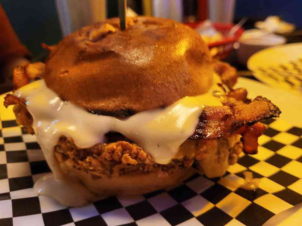 Fried chicken burger ($18). Consisting of battered and fried buttermilk chicken patty.