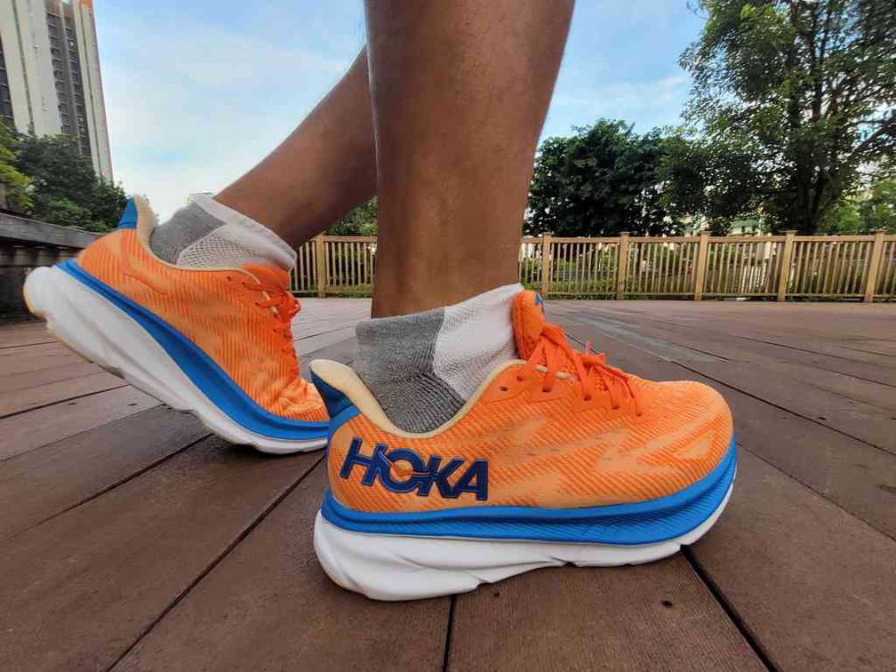 The Hoka Clifton 9 supports an ergonomic running style with a taper rear heel