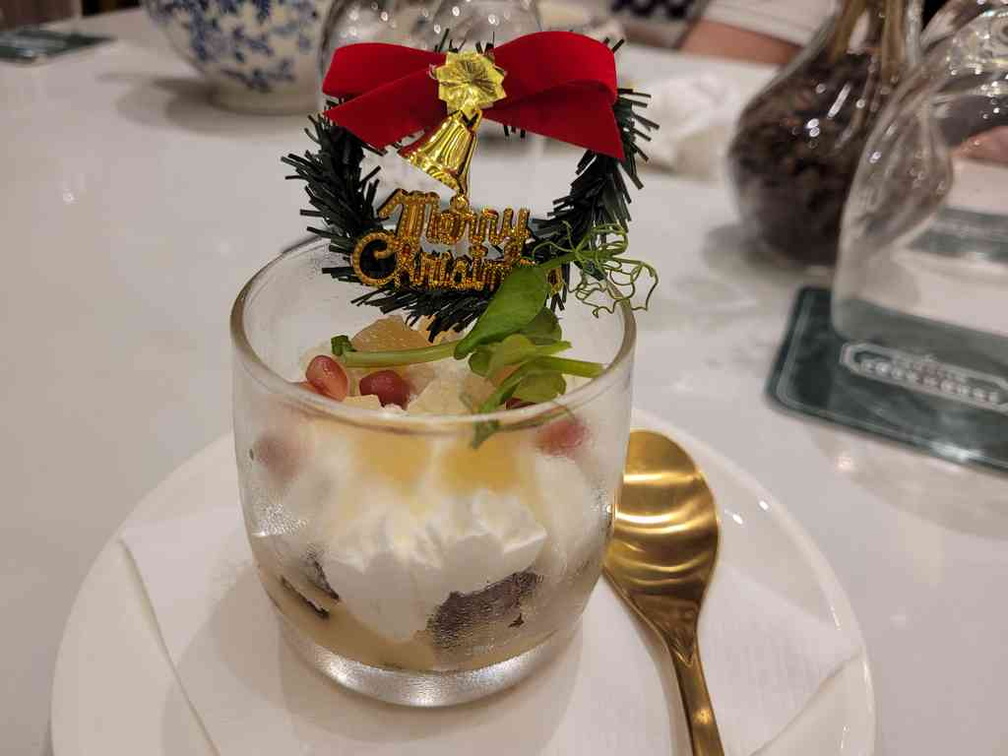 Gingerbread and white chocolate mousse trifle.