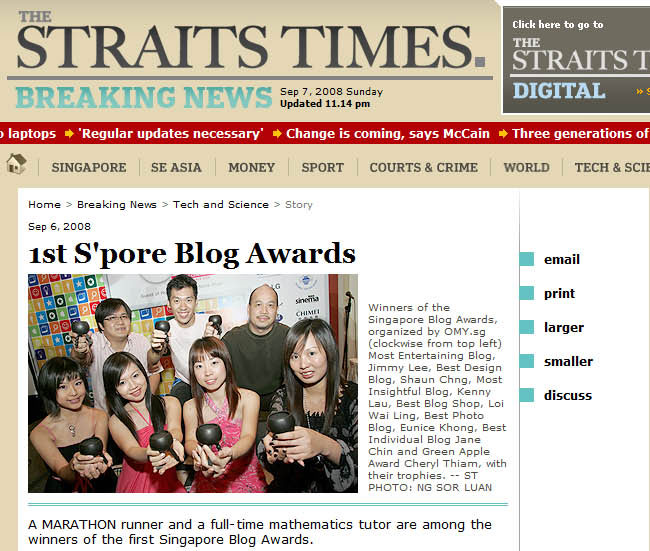 Straits Times blog awards2008