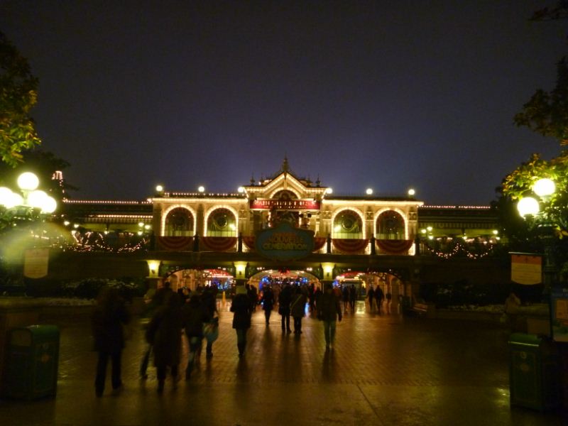 The railroad station lit at night
