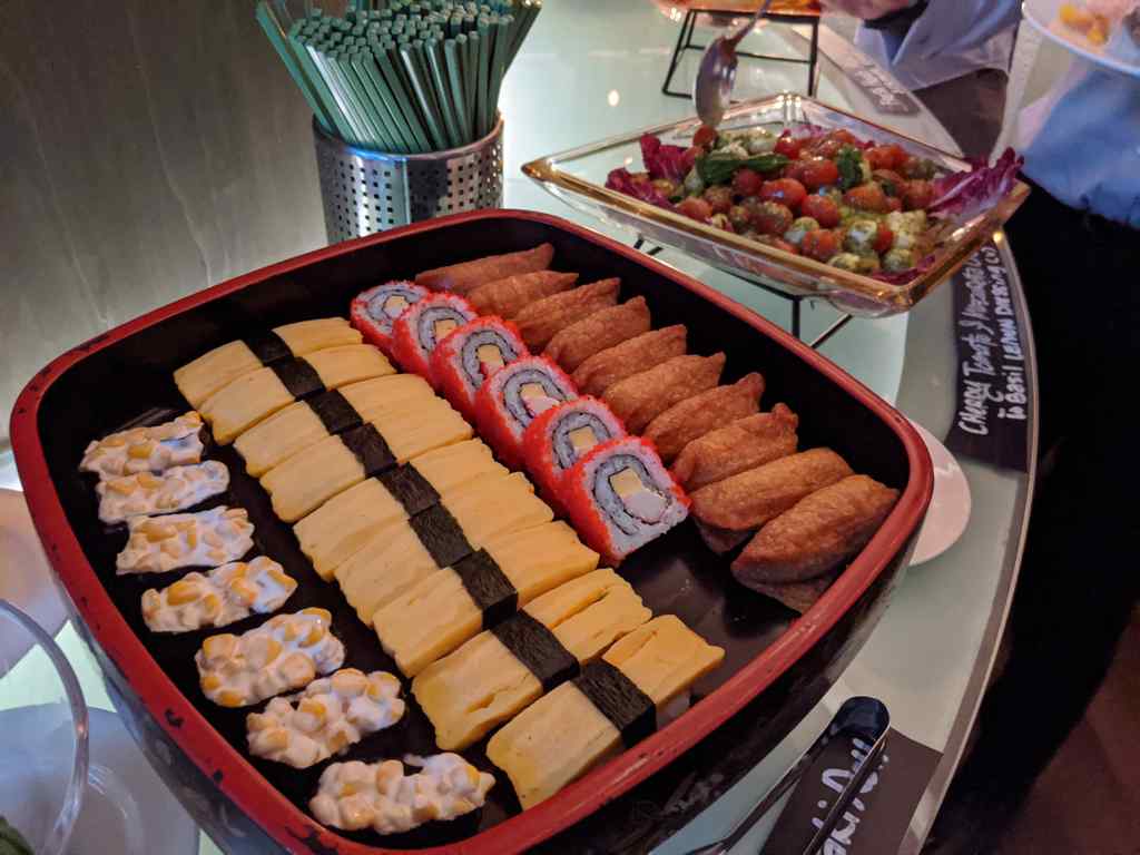 The spread is pretty international, with Sushi, cakes and dessert