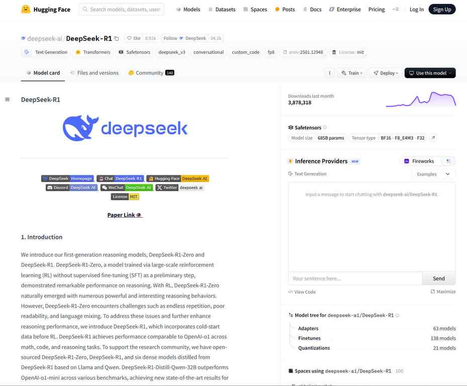 The official Deekseek R1 Hugging face page.