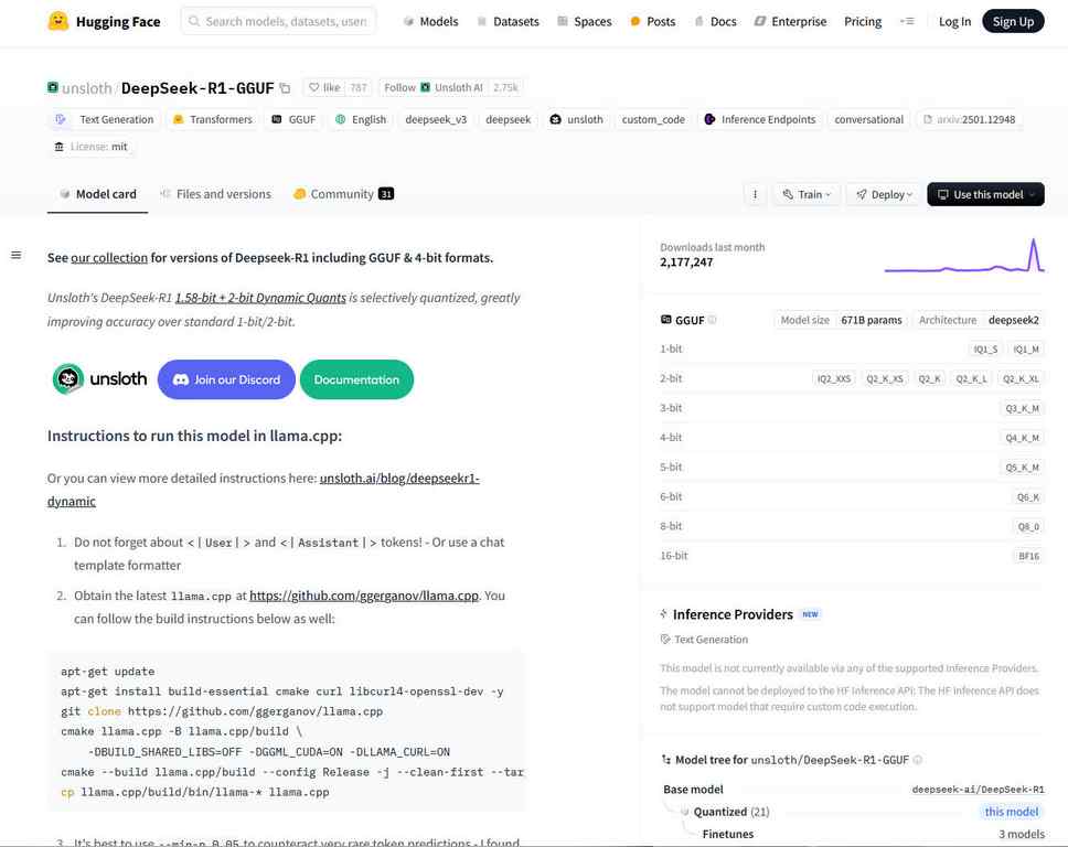 unsloth page is a good place to find Deekseek models GGUF